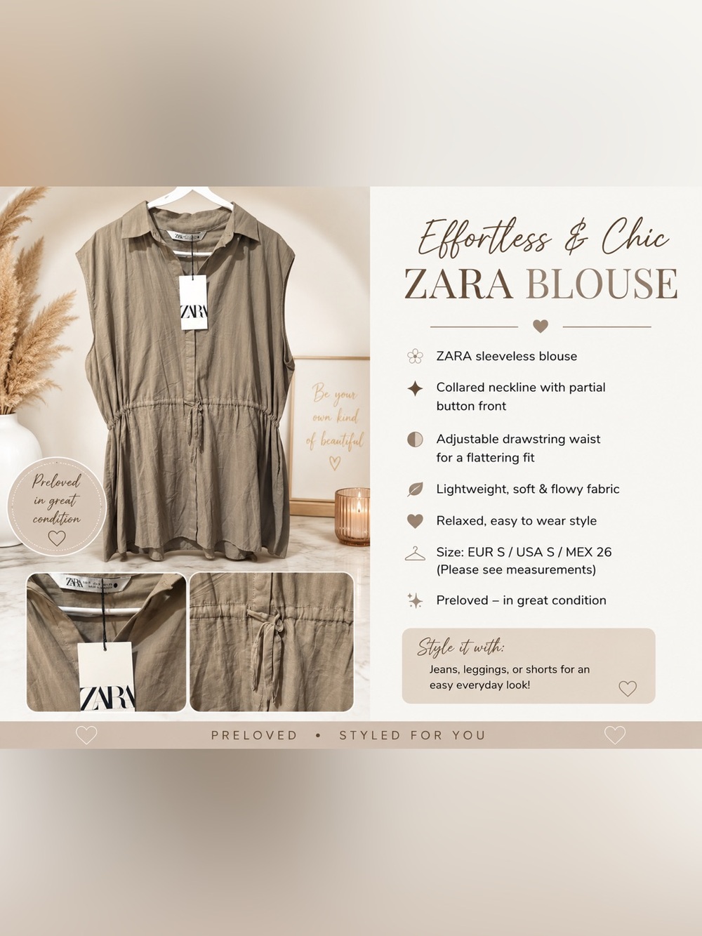 NWT Zara Sleeveless Collared Button Down Drawstring Waist Mini Dress Brown Small